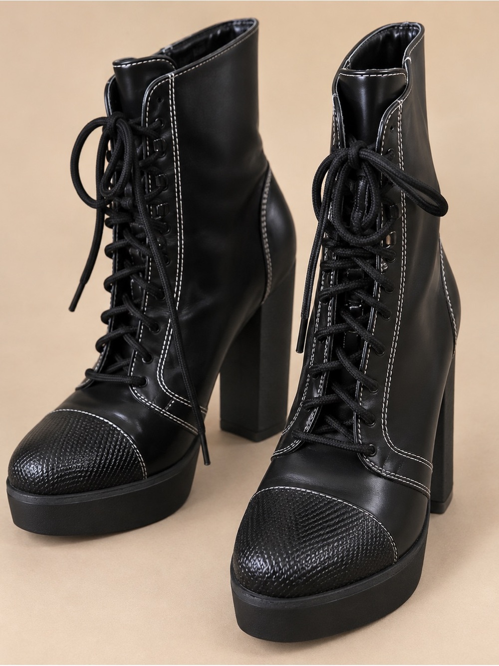 Black Lace-Up Platform Ankle Boots Block Heels Contrast Stitching 8.5